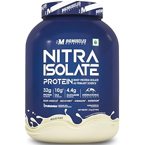 bigmuscles nutrition nitra isolate 2kg malai kulfi  32g protein  10g eaa  whey protein with prohydrolase enzyme tech for faster absorption  improved strength faster recovery amp muscle building