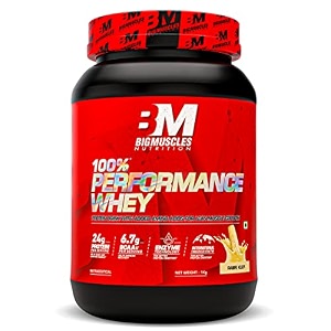bigmuscles nutrition performance whey protein 1kg rabri kulfi  24g isolate whey protein blend  67g bcaas l-glutamine l-arginine taurine l-leucine  kosher certified haccp project verified cgmp certified ffsc 22000 certified facility product