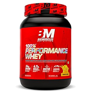 bigmuscles nutrition performance whey protein 1kg mango magic  24g isolate whey protein blend  67g bcaas l-glutamine l-arginine taurine l-leucine  kosher certified haccp project verified cgmp certified ffsc 22000 certified facility product