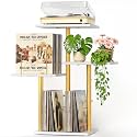 Bikoney Botanical Record Player Stand,Vinyl Record Storage Holder with Plant Stand, Vintage Turntable Stand Table with Record Album Display Shelf,Unique Record Console Cabinet, Modern Wood Gold White