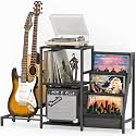 Bikoney Mid Century Modern Record Player Stand, Guitar Stand for Acoustic, Electric Guitar, Bass with Amp Stand, 3-Tier Vinyl Record Storage, Vinyl Record Display Stand for Living Room