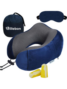 billebon premium memory foam travel neck pillow combo with carry bag ear plugs neck pillow  eye shade
