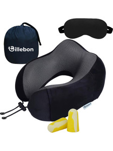 billebon premium memory foam travel neck pillow combo with carry bag ear plugs neck pillow  eye shade