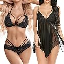 Billebon Women Silk Above The Knee Babydoll Sleepwear Lingerie Night Dress Lingerie Nightwear Honeymoon Babydoll (Free Size, Black Combo)