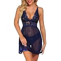 Billebon Silk Women Babydoll Sleepwear Lingerie Night Above The Knee Dress Lingerie Nightwear Honeymoon (Free Size, Lacy Navy Blue)