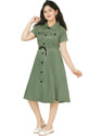Billion Girls Below Knee Casual Dress (Dark Green, Short Sleeve)