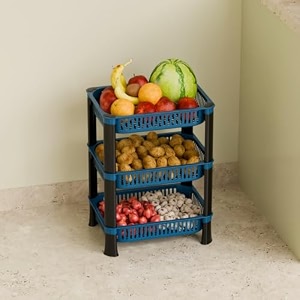 multipurpose plastic storage rack for kitchen onion potato sabji fruit corner storage stand basket folding rack countertop kitchen organizer cart trolley rack 3 layer blue