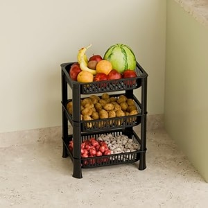 multipurpose plastic storage rack for kitchen onion potato sabji fruit corner storage stand basket folding rack countertop kitchen organizer cart trolley rack 3 layer black