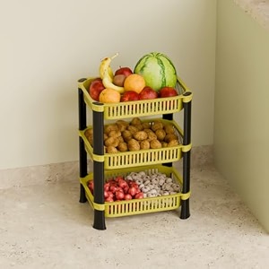multipurpose plastic storage rack for kitchen onion potato sabji fruit corner storage stand basket folding rack countertop kitchen organizer cart trolley rack 3 layer banana yellow