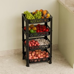 multipurpose plastic kitchen rack with baskets  vegetable amp fruit storage stand  strong amp durable organizer for kitchen bathroom amp utility 4 layer black