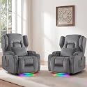 BINGTOO Power Recliner Chair with Massage &amp; Heat, Electric RV Wall Hugger Fabric Chair for Living Room, Home Theater with LED Lights, USB-C Ports &amp; Cup Holders, Gray, 2 Chairs
