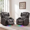 BINGTOO Power Recliner Chair with Massage &amp; Heat, Electric RV Wall Hugger PU Leather Chair for Living Room, Home Theater with LED Lights, USB-C Ports &amp; Cup Holders, Brown, 2 Chairs