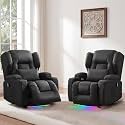 BINGTOO Power Recliner Chair with Massage &amp; Heat, Electric RV Wall Hugger PU Leather Chair for Living Room, Home Theater with LED Lights, USB-C Ports &amp; Cup Holders, Black, 2 Chairs
