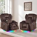 BINGTOO Power Recliner Chair with Massage & Heat, Electric RV Wall Hugger Velvet Chair for Living Room, Home Theater with LED Lights, USB-C Ports & Cup Holders, Velvet Brown, 2 Chairs