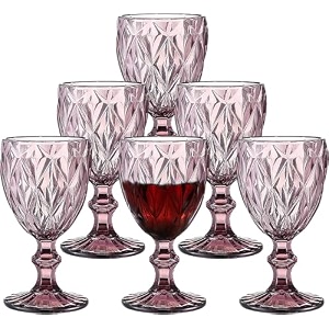 binzo color water goblet glasses set of 6 340 ml textured pink purple stem colored wine glassware drinking tumbler glass for juice drinks home kitchen beverage gift
