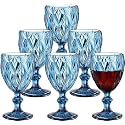 BINZO Color Water Goblet Glasses, Set of 6, 340 ml, Textured Blue Stem Colored Wine Glassware, Drinking Tumbler Glass for Juice, Drinks, Home, Kitchen, Beverage, Mocktail, Cocktail, Gift