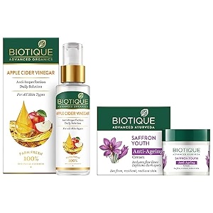 biotique apple cider vinegar anti-imperfection daily solution face serum for all skin types 30ml amp biotique saffron youth anti-ageing cream reduces fine lines lightens dark spots 50g