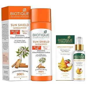 biotique apple cider vinegar anti-imperfection daily solution face serum for all skin types 30ml amp sun shield sandalwood 50spf uvb sunscreen ultra protective lotion for all skin types 120ml