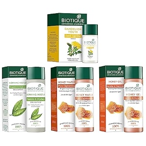 biotique bio honey gel refreshing foaming face cleanser  bio honey water clarifying toner with himalayan waters  bio dandelion ageless lightening serum  bio morning nectar flawless skin lotion