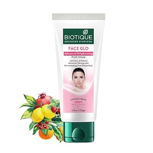 biotique face glo advance brightening fruit cream  visibly flawless skin  lightens skin tone  100 botanical extracts  suitable for all skin types  50g