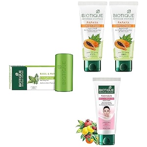 biotique face glo adveance brightening fruit cream 50g amp biotique papaya deep cleanse face wash all skin 2x100ml amp biotique basil and parsley revitalizing body soap 150g