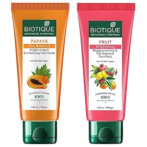 biotique fruit brightening depigmentation amp tan removal face pack for all skin types 100ml amp biotique papaya tan removal brightening amp reviatalizing face scrub for all skin types 100g