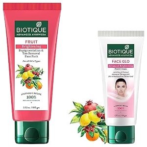 biotique fruit brightening depigmentation amp tan removal face pack for all skin types 100ml amp biotique face glo adveance brightening fruit cream 50g