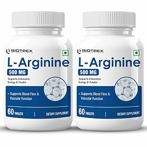 biotrex nutraceuticals l-arginine 500mg supplement  nitric oxide booster amp muscle growth  blood flow amp heart health  pre workout  non-gmo  60 tablets pack of 2