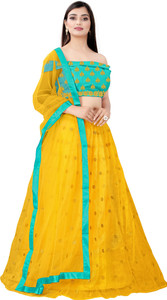 bipin fashion embroidered semi stitched lehenga choli yellow light green