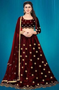 bipin fashion embroidered semi stitched lehenga  crop top maroon gold