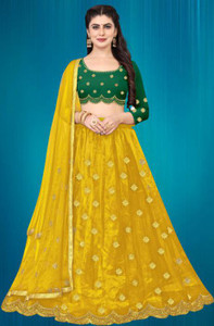 bipin fashion embroidered semi stitched lehenga  crop top green yellow