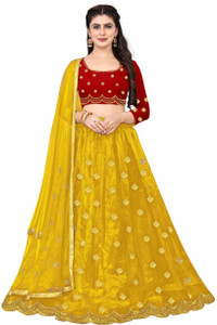 bipin fashion embroidered semi stitched lehenga choli red yellow