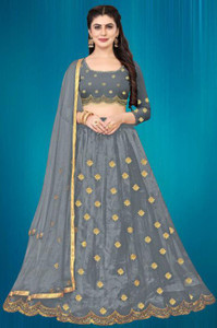 bipin fashion embroidered semi stitched lehenga  crop top grey gold