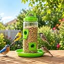 Bird Feeder for Balcony & Garden, Hanging Wild Bird Seed Feeder with 3 Feeding Ports & Large Seed Tray, Outdoor Bird Feeder for Small Birds, Easy to Hang & Clean