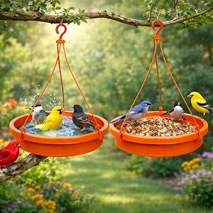 bird feeder hanging bowl pack of 2 for balcony amp garden  2-in-1 bird water feeder amp bird bath  large hanging bird feeding tray with hook  durable all weather outdoor plastic feeder