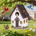 Birdhouse Gifts for Mom, Hand-Painted Resin Bird House with Thatch Roof, Hanging Outside Nesting Boxes Patio Yard Decor for Bluebird Finches Cardinals, for Mom Grandma Bird Lover