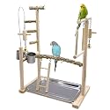 Bird Playground Parrot Playstand Bird Perch Stand Gym Natural Wood Play Stand with Swing Ladder Feeder Cups for Parakeets Cockatiels Lovebirds Conures Budgies