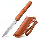 BISONBERG Folding Pocket Knife with Leather Sheath, Wood Handle, long Blade, for Kitchen Use