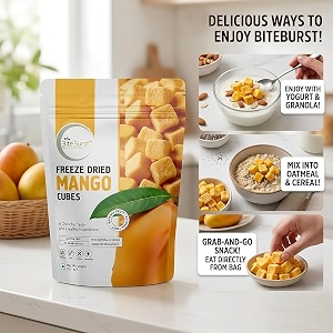 biteburst freeze dried mango cubes fruit snack  crunchy real fruit bites no added sugar gluten free vegan no preservatives  20gm x pack of 2