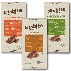 bitobite pack of 3 ayurveda snack bars - chyawanprash barashwagandha barginger bar