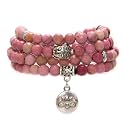 Bivei 108 Mala Beads Necklace Long Beaded Wrap Bracelets Genuine Gemstone Mala Prayer Beads Lotus Buddha Charm Yoga Meditation Necklace