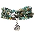 Bivei 108 Mala Beads Necklace Long Beaded Wrap Bracelets Genuine Gemstone Mala Prayer Beads Lotus Buddha Charm Yoga Meditation Necklace