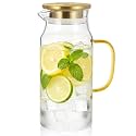 Bivvclaz 1.2 Liter 40 oz Small Gold Glass Pitcher with Lid and Handle, Glass Carafe for Hot/Cold Water, Iced Tea Jug for Coffee, Juice and Homemade Beverage
