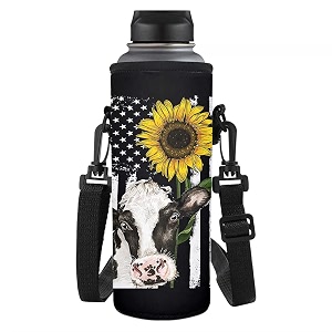 biyejit sunflower cow with american flag print water bottle carrier with adjustable shoulder strapekids adults travel walking bottier carrier