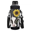 Biyejit Sunflower Cow with American Flag Print Water Bottle Carrier with Adjustable Shoulder Strape,Kids Adults Travel Walking Bottier Carrier