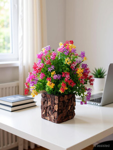 bk mart flower with stylish coconut brown pot bonsai wild artificial plant  with pot