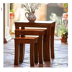 furniture sheesham wood carissa nesting table for home  set of 3 stools  natural finish