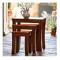 Furniture Sheesham Wood Carissa Nesting Table for Home | Set of 3 Stools | Natural Finish