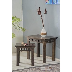 furniture sheesham wood kuber set of 2 stools for living room  nesting table dark brown finish