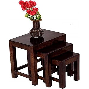 furniture solid wood nesting table set of 3 stool for living room sheesham wood walnut finish